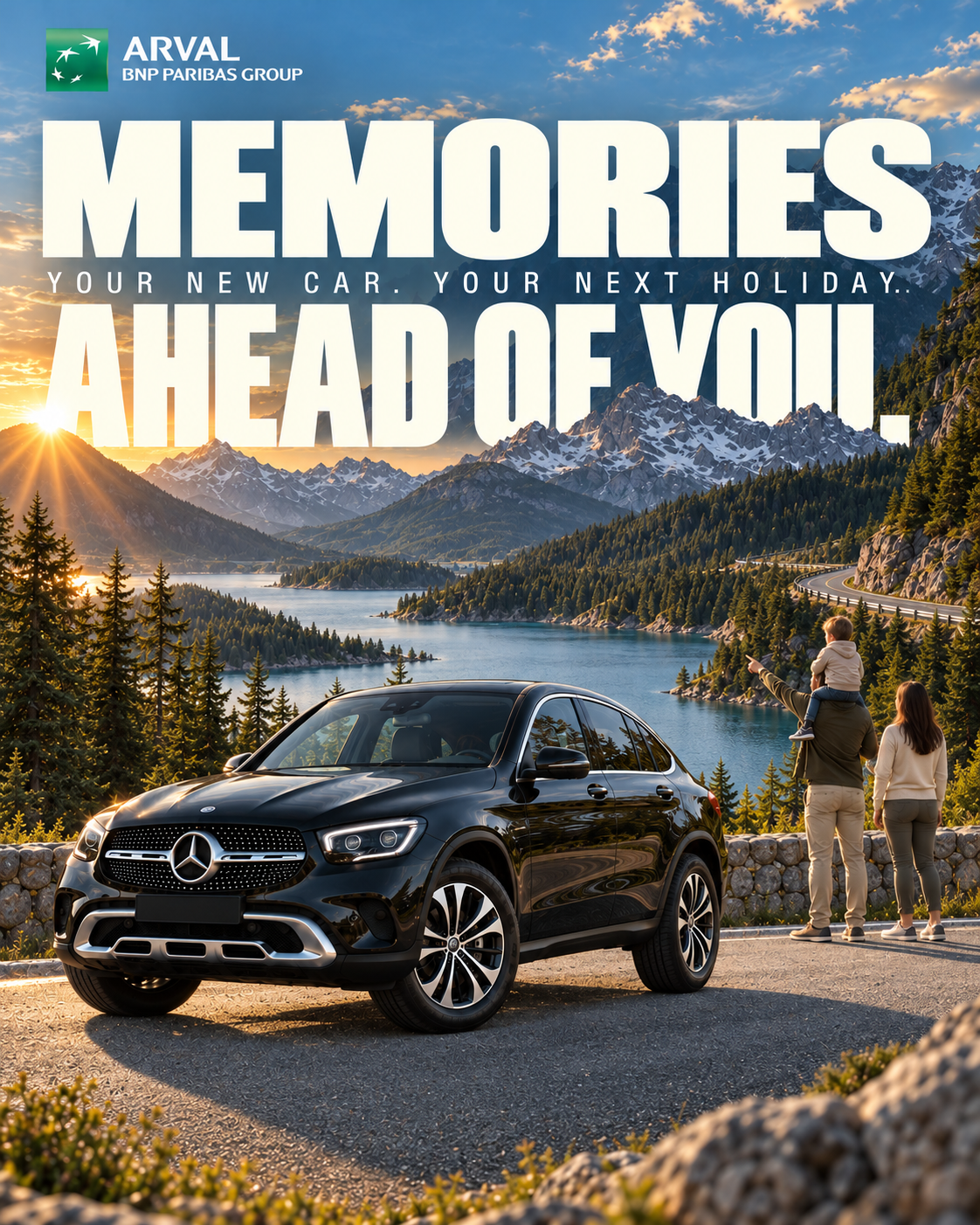 Arval holiday campaign with a car and family beside a mountain lake