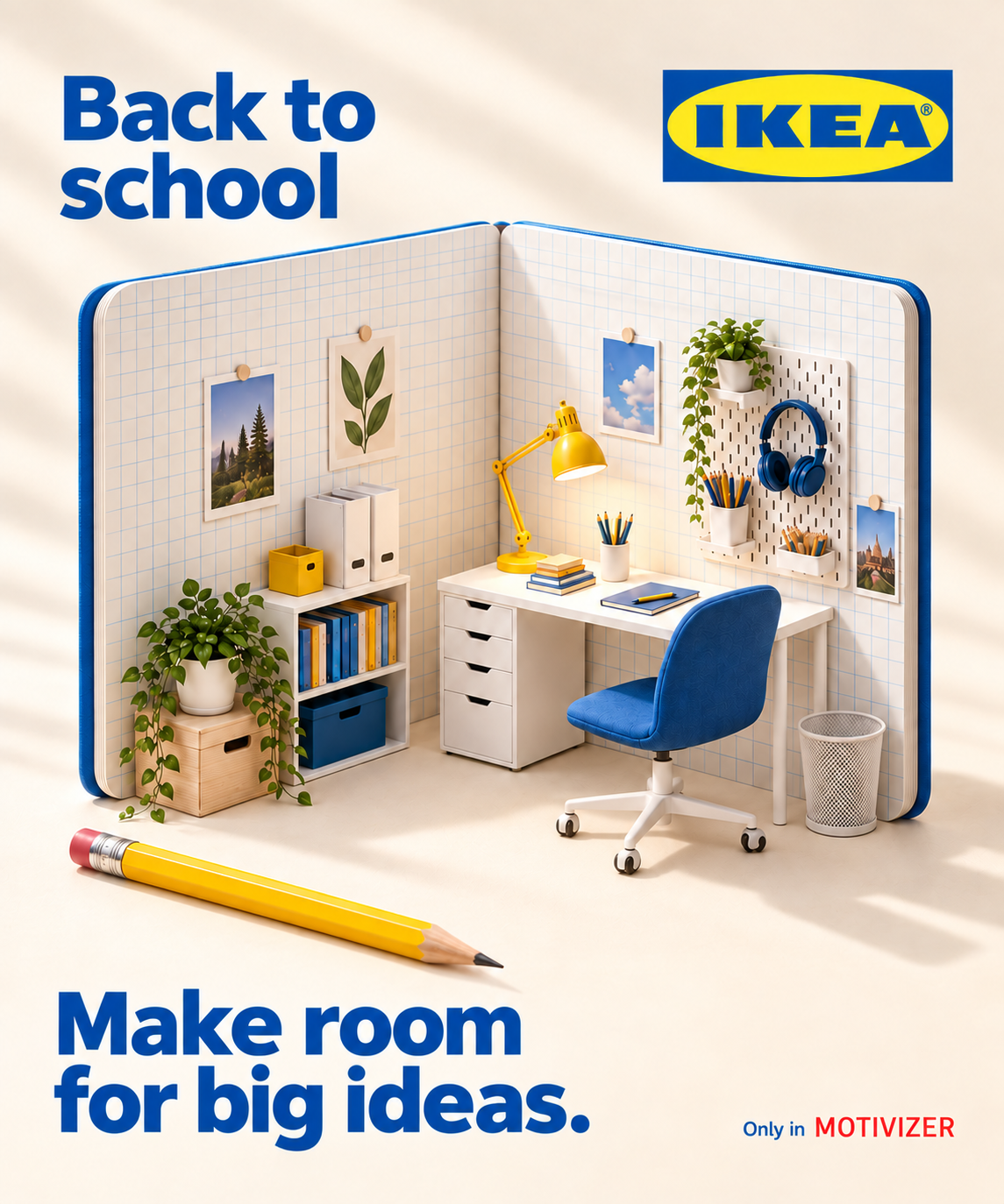 IKEA back-to-school graphic showing a study room inside an open notebook