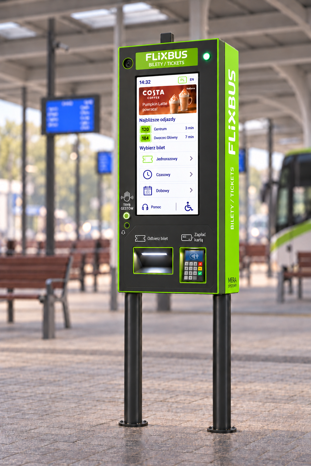 Mera ticket machine visualisation with black finishes, green FlixBus branding and a touchscreen interface
