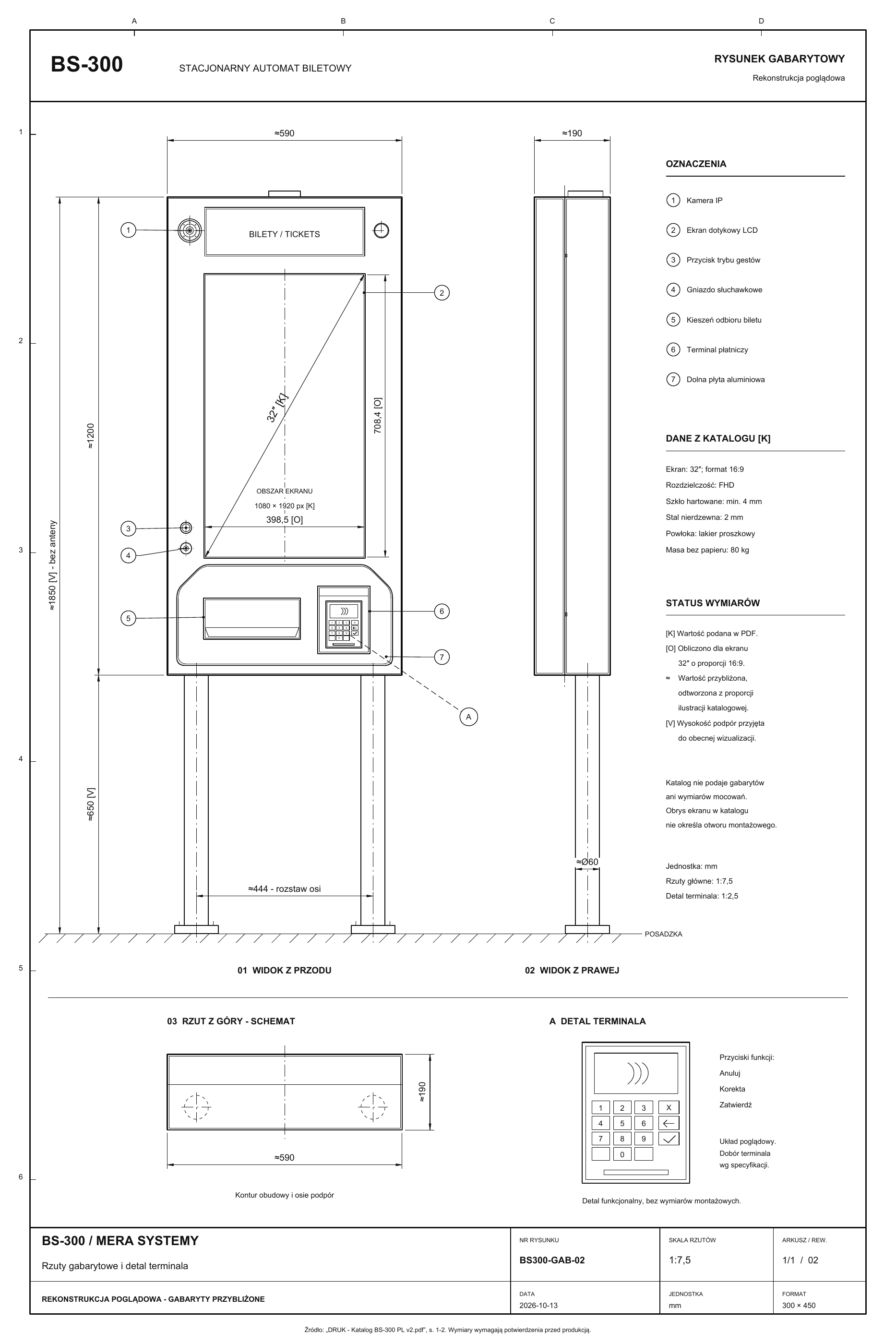 Illustrative technical reconstruction of the Mera BS-300 ticket machine, including front and side views