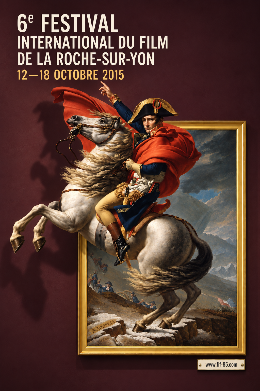 Napoleon on horseback breaking out of a gilded painting in a burgundy film festival poster