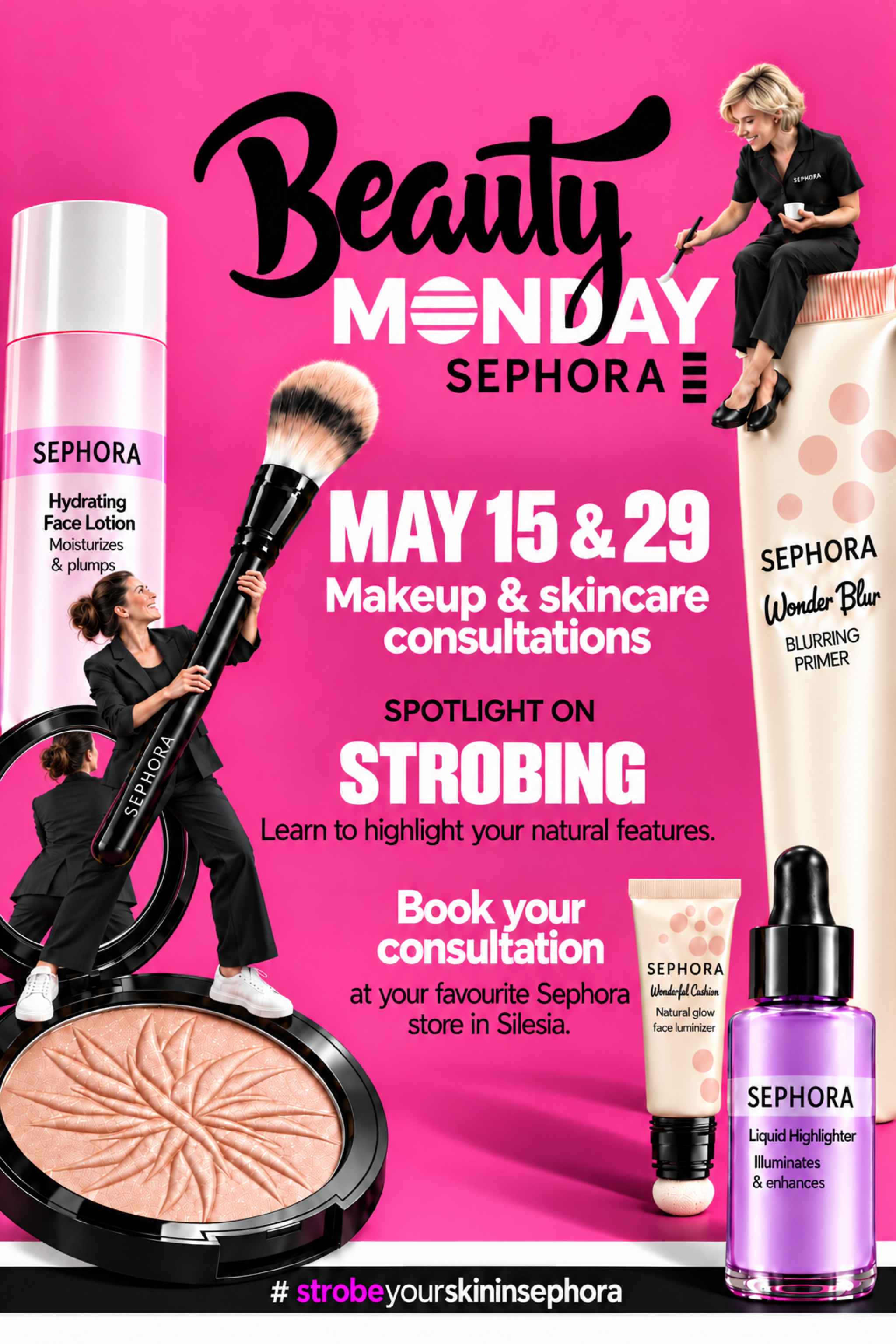 Pink Sephora Beauty Monday poster with miniature beauty experts and oversized cosmetics